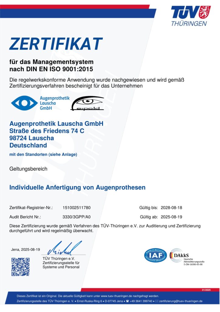 Zertifikate der Firma Augenprothetik Lauscha GmbH